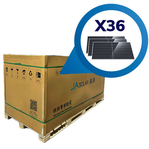 Pallet con 36 piezas de panel Solar Ja Solar N-Type Double Glass Bifacial de 630W